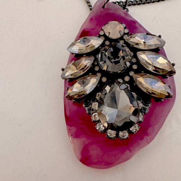 Express Necklace Stone Pendant Long Large Chunky Bling Stones Gunmetal - Picture 1 of 13